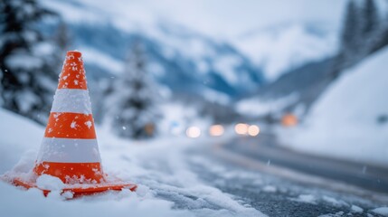 Snow-covered traffic cone on a winter mountain road, symbolizing road safety, warning, transportation risk, cold weather driving conditions, and seasonal travel hazards