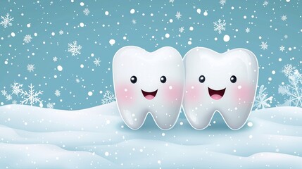 Cute smiling cartoon teeth in snowy winter landscape with snowflakes, cheerful holiday illustration for kids dental clinic banners, pediatric dentistry advertising