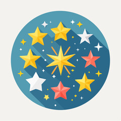 Obraz premium Vibrant flat design vector illustration of sparkling stars in a circular arrangement, diverse colors and long shadows, symbolizing achievement