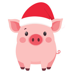 Naklejka premium A delightful cute little cartoon piglet icon wearing a festive red Santa Claus Christmas hat, adorable vector flat design illustration perfect for holiday greeting cards, digital stickers, winter