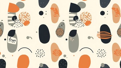 A vibrant and playful abstract pattern featuring various shapes and colors on a cream background