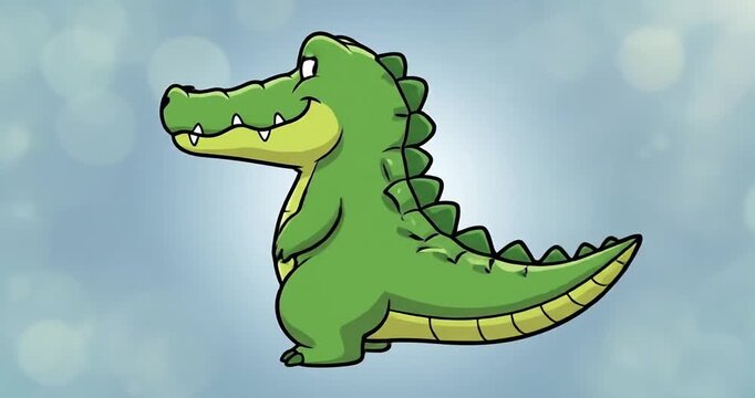 Cartoon crocodile character smiling and waving, set against a soft blue bokeh background