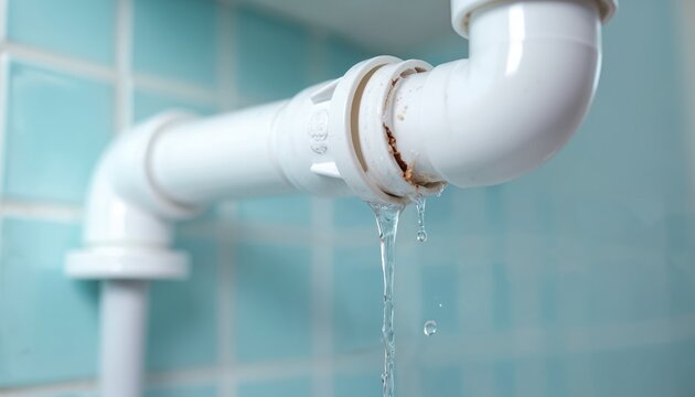 White plastic pipe leaks water under sink. Visible rust and damage on coupling. Droplets fall creating mess. Plumbing issue requires attention.