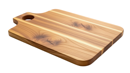 Wooden cutting board PNG isolated on transparent background, natural wood grain chopping board for kitchen and food preparation