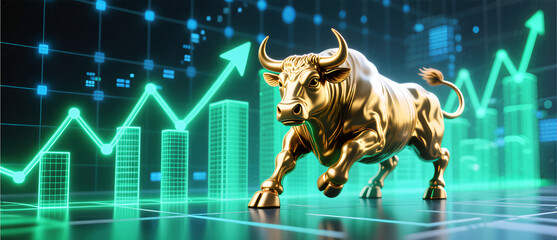 Powerful golden bull in a digital financial environment with glowing green neon arrows and rising charts representing technological advancement in stock market trading.