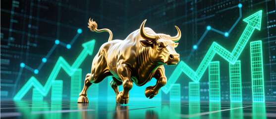 Futuristic golden bull charging through a digital high tech trading floor with glowing green neon graphs representing modern financial growth and electronic investment.
