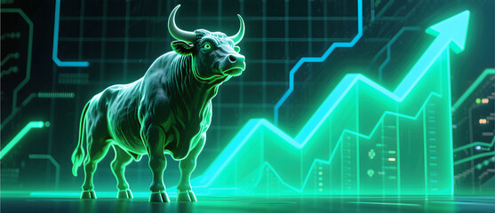 Powerful bull standing before rising green financial graph representing stock market success economic growth profitable investment opportunities and positive trading performance.