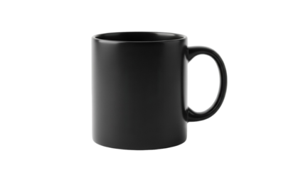 Black ceramic mug isolated PNG, coffee cup for hot drinks on transparent background, kitchenware for beverage and office use