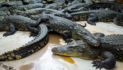 Obraz premium Close-up shot of a pile of Nile crocodiles resting on a damp concrete floor, emphasizing their rough scales and powerful bodies