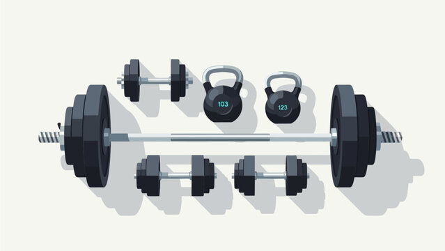 A flat lay illustration of various weightlifting equipment, including a barbell with weight plates, dumbbells, and kettlebells, arranged on a light background.