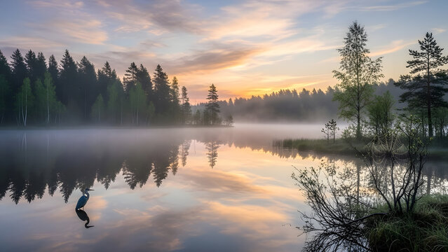 Serene misty lake at dawn with evergreen trees and vibrant sky - Powered by Adobe