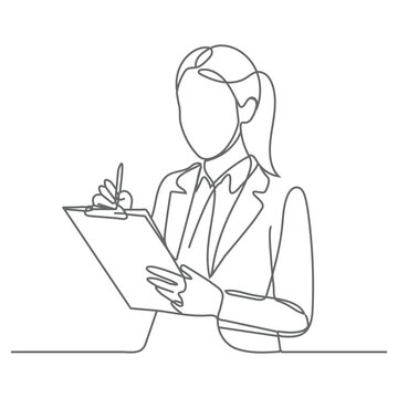 Businesswoman writing notes, continuous one line drawing. Woman making notes in single line art illustration. Office worker vector.