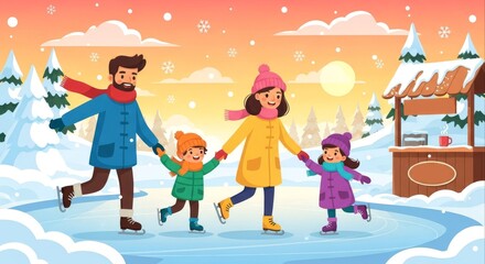 Naklejka premium Family Fun - Ice Skating Adventure in a Winter Wonderland.