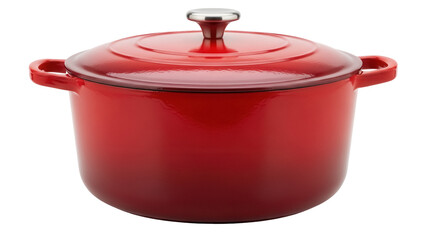 Red enameled cast iron dutch oven with lid isolated PNG, cooking pot for soups and stews on transparent background