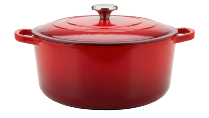 Red enameled cast iron dutch oven with lid isolated PNG, cooking pot for soups and stews on transparent background