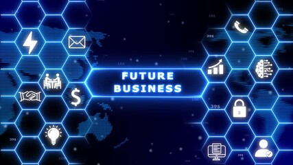 Future business concept with global map and interconnected hexagonal network of white representing business finance technology and communication on a dark blue background