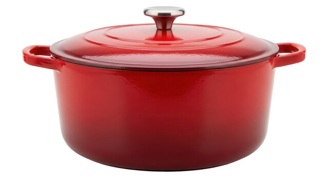 Red enameled cast iron dutch oven with lid isolated PNG, cooking pot for soups and stews on transparent background