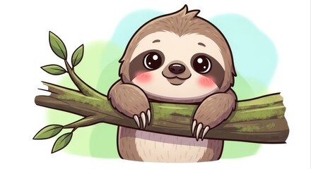 Obraz premium Adorable Sloth Cartoon Character Hanging on a Branch Illustration.