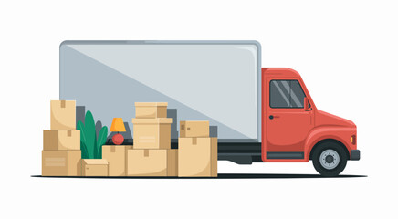 Obraz premium A vibrant red moving truck stands next to neatly packed cardboard boxes, suggesting the process of relocating to a new home with essential items and plants ready to be loaded.