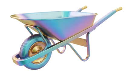 Iridescent wheelbarrow PNG isolated on transparent background, garden cart for landscaping and construction projects, vibrant rainbow colors