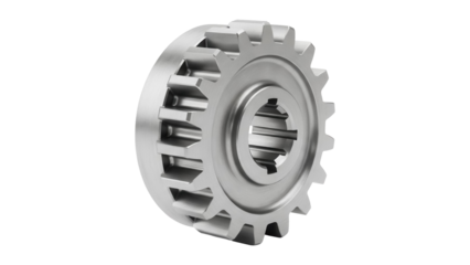 Shiny metal gear wheel isolated PNG, precision mechanical component for engineering and industrial design on transparent background