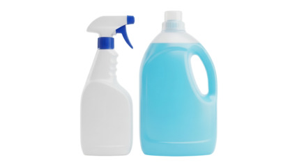 Cleaning spray bottle and blue liquid detergent isolated PNG, household cleaning products for hygiene and disinfection on transparent background