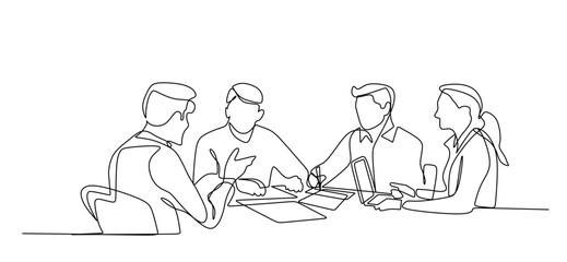 One continuous line business team meeting illustration with people sitting at desks working on laptops, minimalist line art teamwork concept. © pew