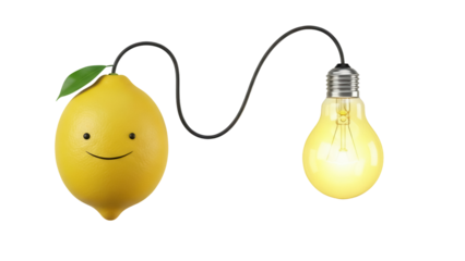 Whimsical lemon with a face connected to a glowing light bulb isolated PNG, creative concept for energy and innovation on transparent background