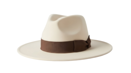 Elegant beige fedora hat with brown ribbon isolated PNG, classic men s fashion accessory on transparent background