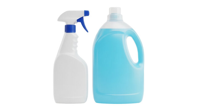 Cleaning spray bottle and blue liquid detergent isolated PNG, household cleaning products for hygiene and disinfection on transparent background