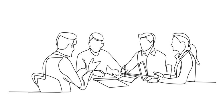 One continuous line business team meeting illustration with people sitting at desks working on laptops, minimalist line art teamwork concept.