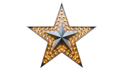 Obraz premium Vintage star with light bulbs isolated PNG, retro marquee sign for theater or casino decoration on transparent background