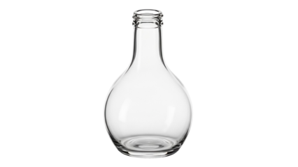 Elegant clear glass bottle isolated PNG on transparent background, empty container for liquid or perfume, minimalist design