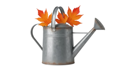 Vintage metal watering can with autumn leaves isolated PNG, rustic garden tool for fall season decoration on transparent background