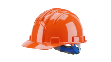 Orange hard hat isolated PNG on transparent background, safety helmet for construction and industrial work