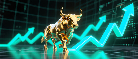 Elegant gold bull statue surrounded by glowing green rising arrows symbolizing a strong bullish market trend financial success and profitable investment growth.