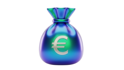 Shiny blue money bag with Euro sign isolated PNG, financial savings and investment concept on transparent background