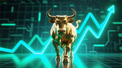 Powerful golden bull facing forward with rising green neon market lines indicating strong financial recovery growth and high potential for investment returns.