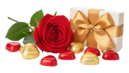 Red rose with gift box and heart shaped chocolates isolated PNG, romantic present for Valentine s Day or anniversary celebration
