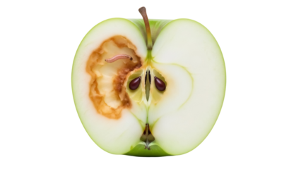 Half of green apple with worm isolated PNG, damaged fruit with rotten core and seeds on transparent background