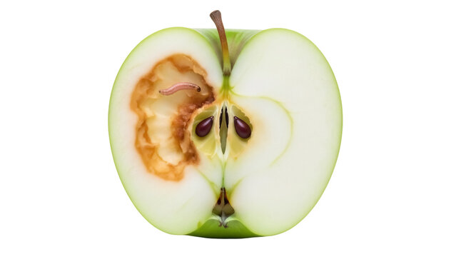 Half of green apple with worm isolated PNG, damaged fruit with rotten core and seeds on transparent background