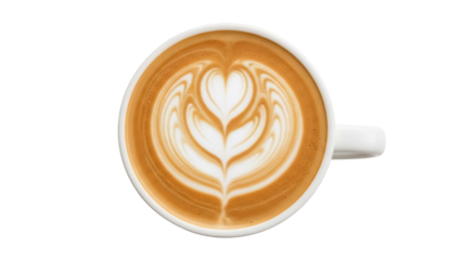 Latte art in a white cup isolated PNG, coffee drink with heart design on transparent background, cappuccino for cafe menu and beverage concepts
