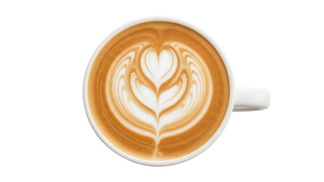 Latte art in a white cup isolated PNG, coffee drink with heart design on transparent background, cappuccino for cafe menu and beverage concepts - Powered by Adobe