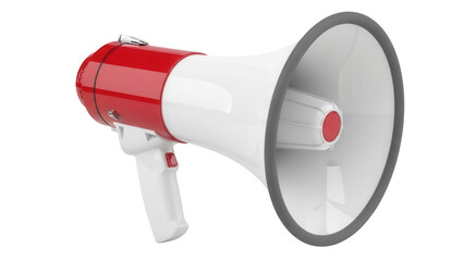 Red and white megaphone isolated PNG on transparent background, loudspeaker bullhorn for announcements and emergency situations