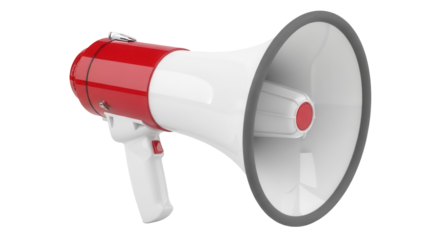 Red and white megaphone isolated PNG on transparent background, loudspeaker bullhorn for announcements and emergency situations