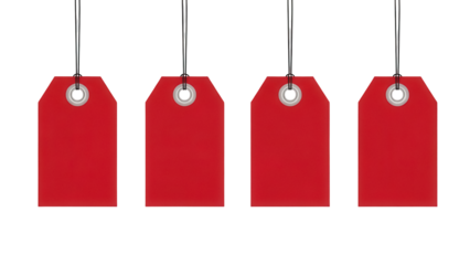 Four red price tags isolated PNG on transparent background, blank labels for retail sales and product marketing