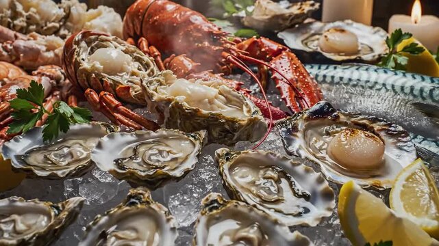 Seafood display with various shellfish and fish on a wooden tabletop