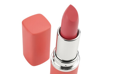 Coral lipstick with cap isolated on transparent background, beauty product for makeup and cosmetics in PNG format