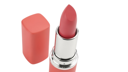 Coral lipstick with cap isolated on transparent background, beauty product for makeup and cosmetics in PNG format