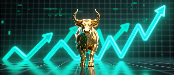 Front view of a powerful golden bull standing amidst rising green neon stock market lines symbolizing financial strength market recovery and successful long term investment.